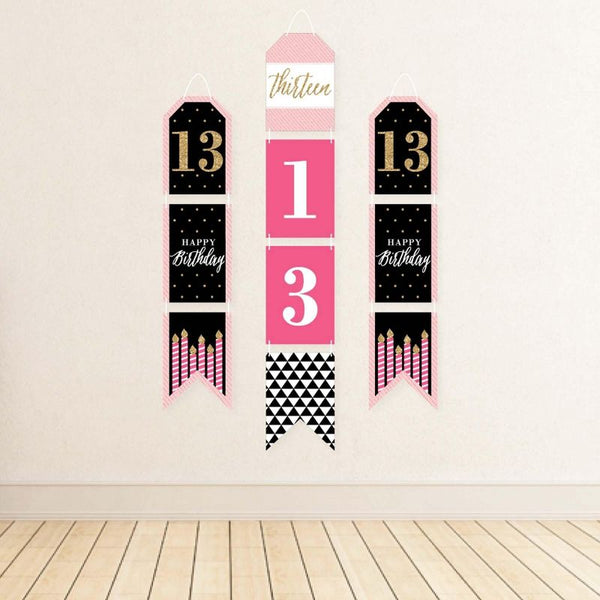 13th Birthday - Pink, Black & Gold - Hanging Vertical Paper Door Banners