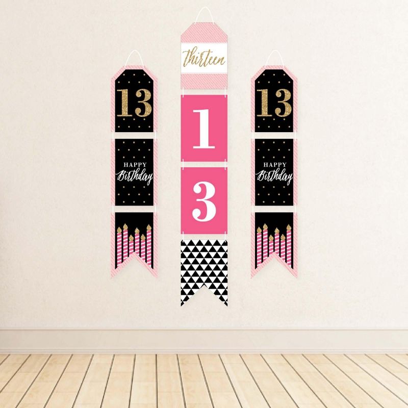 13th Birthday - Pink, Black & Gold - Hanging Vertical Paper Door Banners