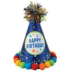 Multicolour Birthday Cone Hat with Pompoms