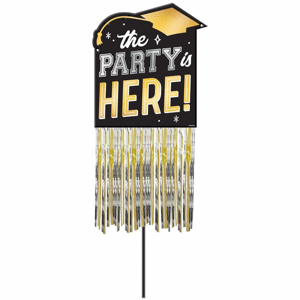 Graduation Yard Sign "The Party Is Here!", Black, Gold and Silver