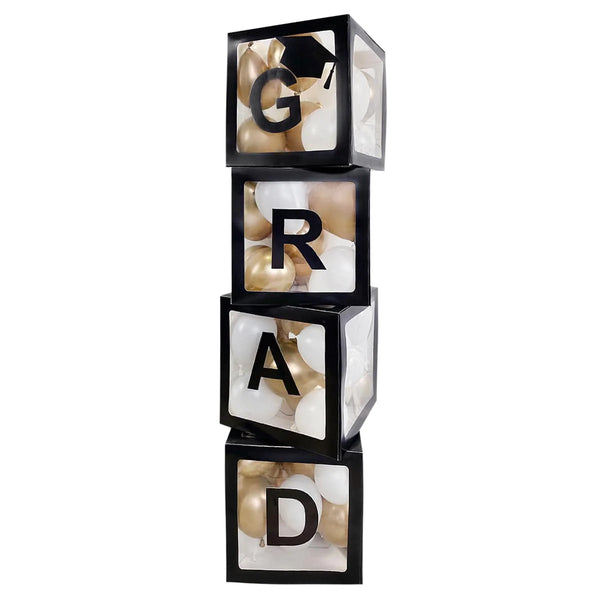 Black Transparent Balloon Boxes with "Grad" Letters, 4 Count